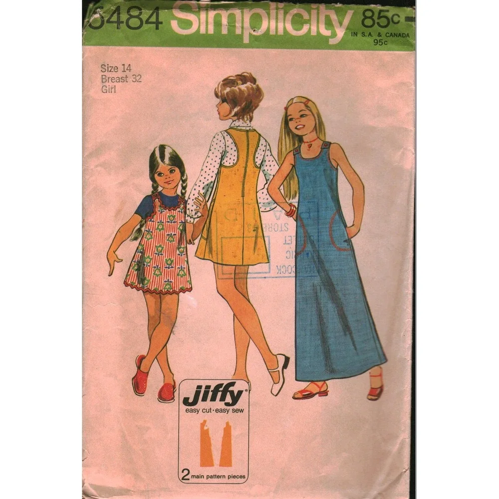 Vintage 1972 Simplicity 5484 Girls Jiffy Dress Jumper Sewing Pattern Size 14